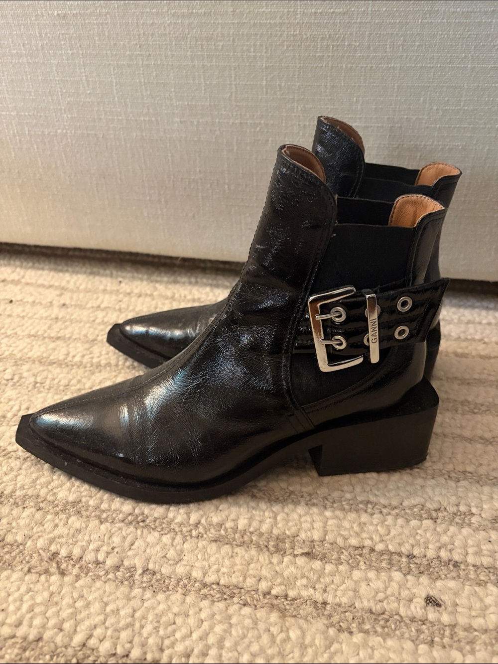 Ganni Black Leather Pointed Buckle Ankle Boots